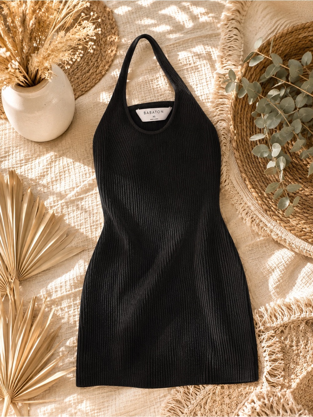 Babaton Black Ribbed Halter Mini Dress